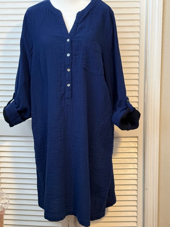 Pure Jill Dresses & Skirts - Pure Jill Navy Organic Cotton Gauzy Minimalist midi dress roll tab sleeves Large